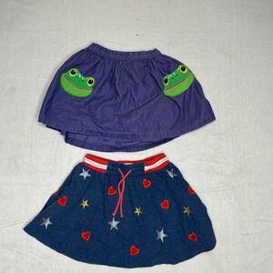 Mini Boden Kids Skirt Set 2 Purple Frog Denim Stars Hearts Drawstring Size 6-8Y